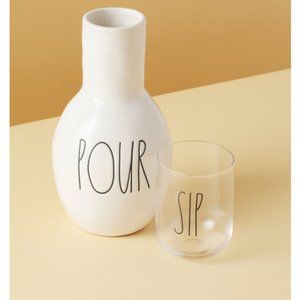 Rae Dunn 2 Piece Large Ceramic Carafe and Glass Cup Set, Pour and Sip